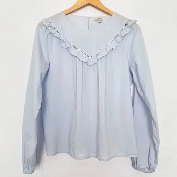 Loft Ruffle Long Sleeve Blouse Cotton Sheer Cottagecore Prairie Size Small Blue - Picture 16 of 16